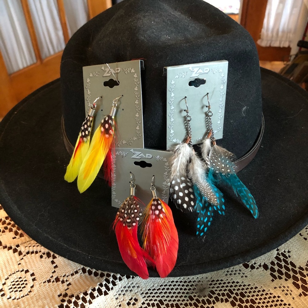 3 Pair Pierced Feather Earrings Western Dangle